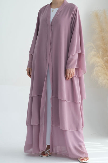 Shiza Chiffon Three Tiered Open abaya with belt 750 - Light Purple