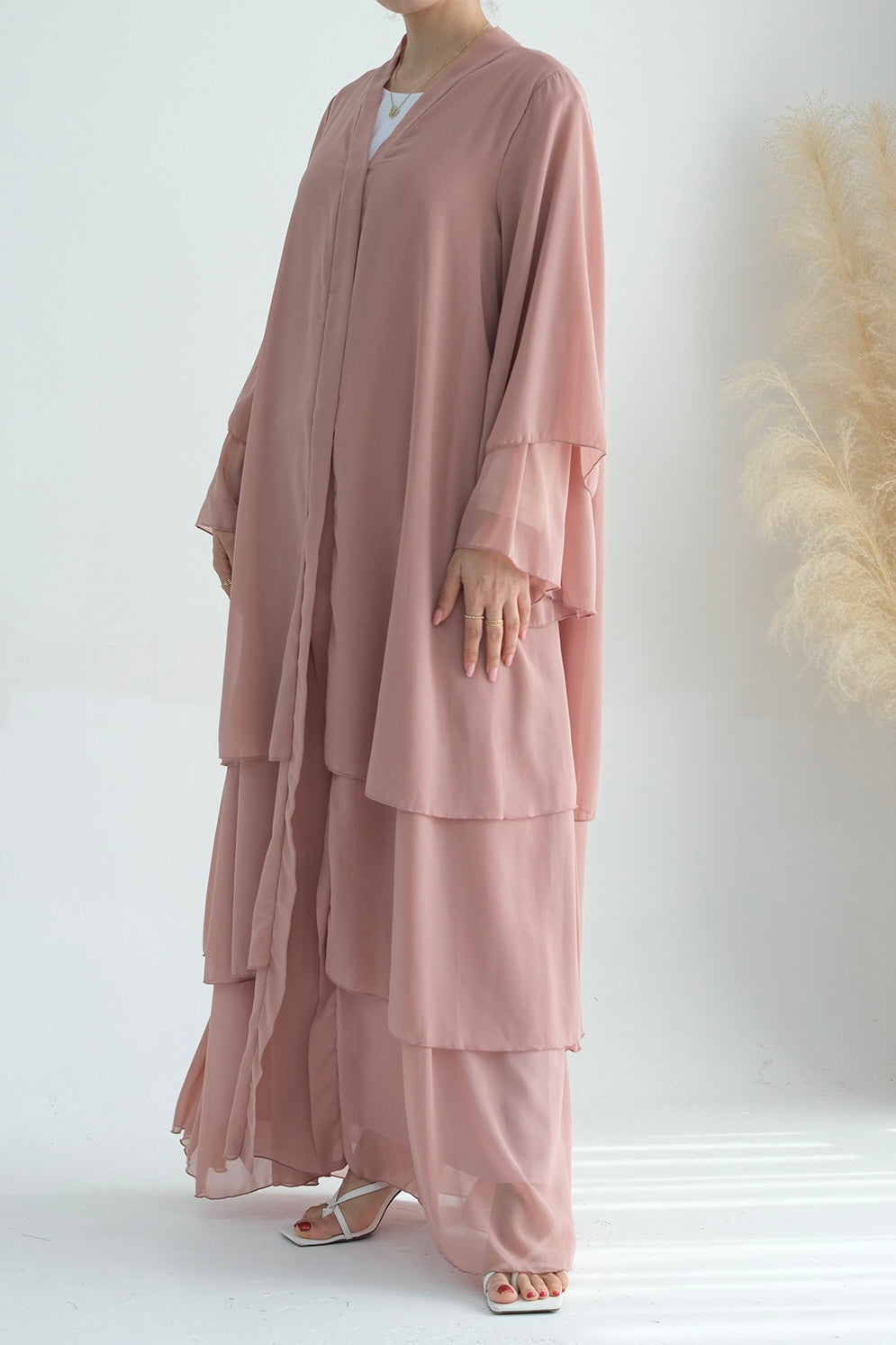 Shiza Chiffon Three Tiered Open Abaya with belt 750 - Pink