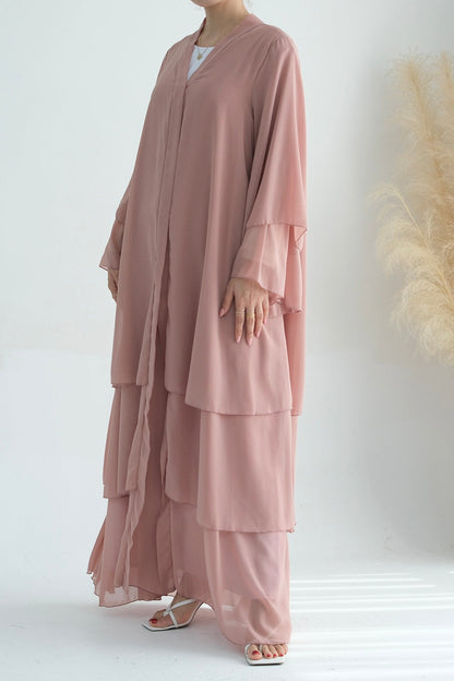 Shiza Chiffon Three Tiered Open Abaya with belt 750 - Pink