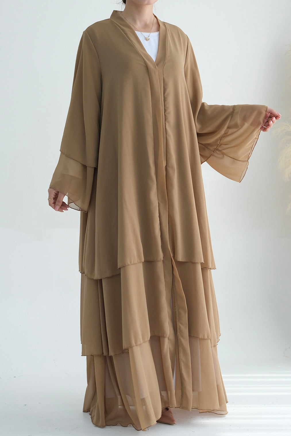 Shiza Chiffon Three Tiered Open Abaya with belt 750 - Khaki