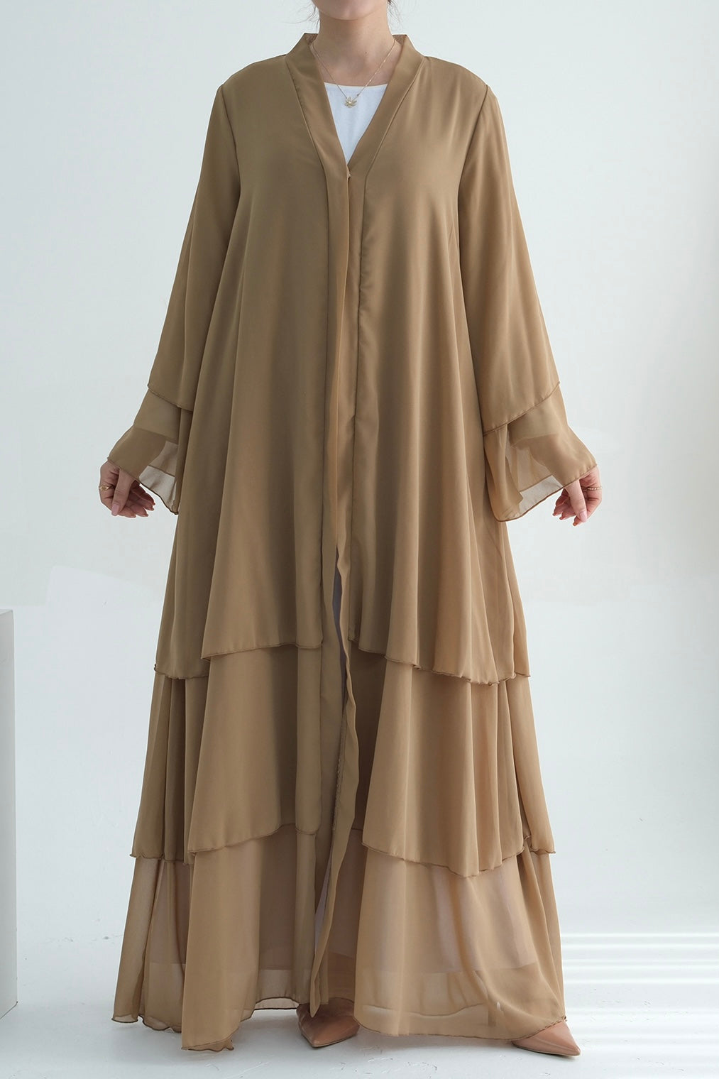 Shiza Chiffon Three Tiered Open Abaya with belt 750 - Khaki