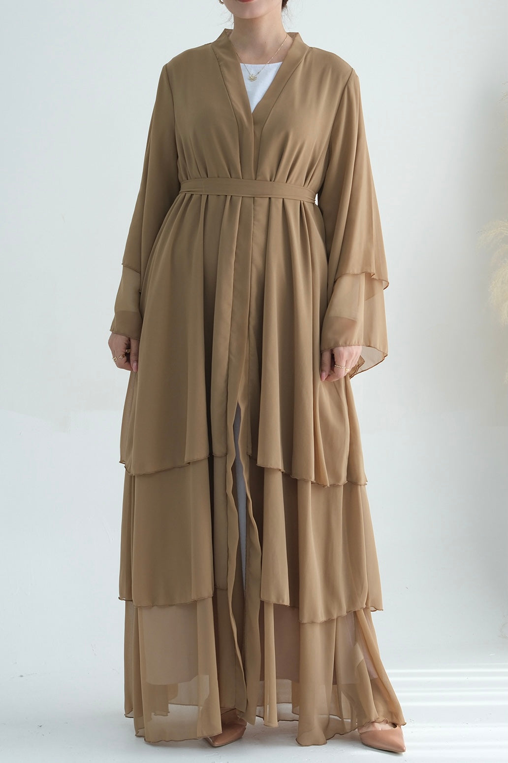 Shiza Chiffon Three Tiered Open Abaya with belt 750 - Khaki