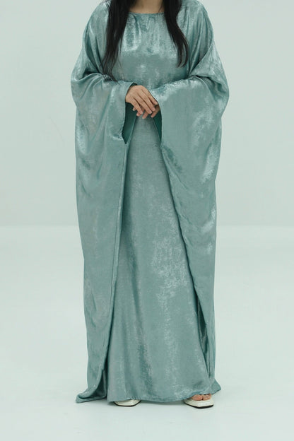 Kayla Shiny Metallic Shimmer Batwing Butterfly Sleeve Maxi Dress Kaftan Abaya 778 - Peacock Blue