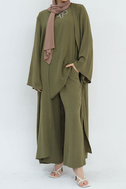 Sadia Stylish Casual Three Piece Abaya Set 779 - Army Green