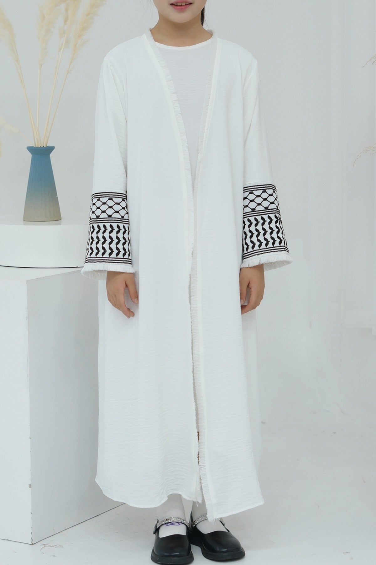 Karina Kids Keffiyeh Inspired Fringed Peace Dove Pattern Embroidery Girls Modest Open Abaya with belt 782 - White