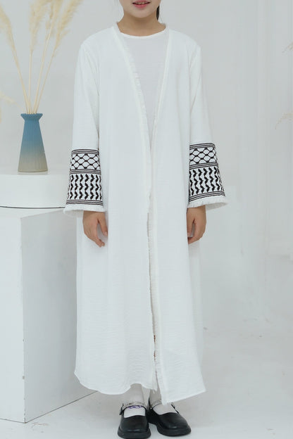 Karina Kids Keffiyeh Inspired Fringed Peace Dove Pattern Embroidery Girls Modest Open Abaya with belt 782 - White