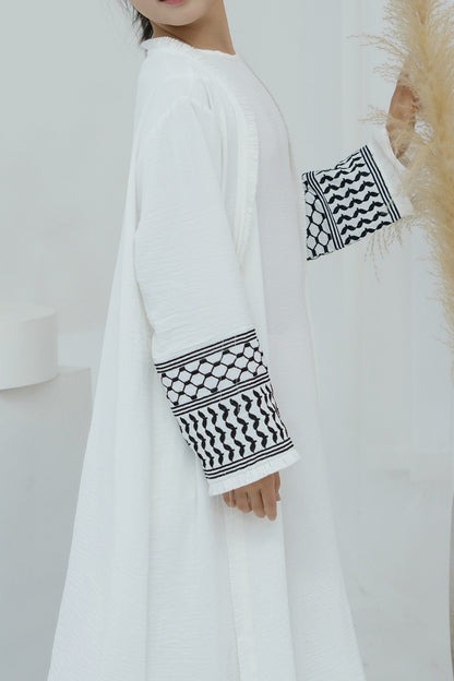 Karina Kids Keffiyeh Inspired Fringed Peace Dove Pattern Embroidery Girls Modest Open Abaya with belt 782 - White
