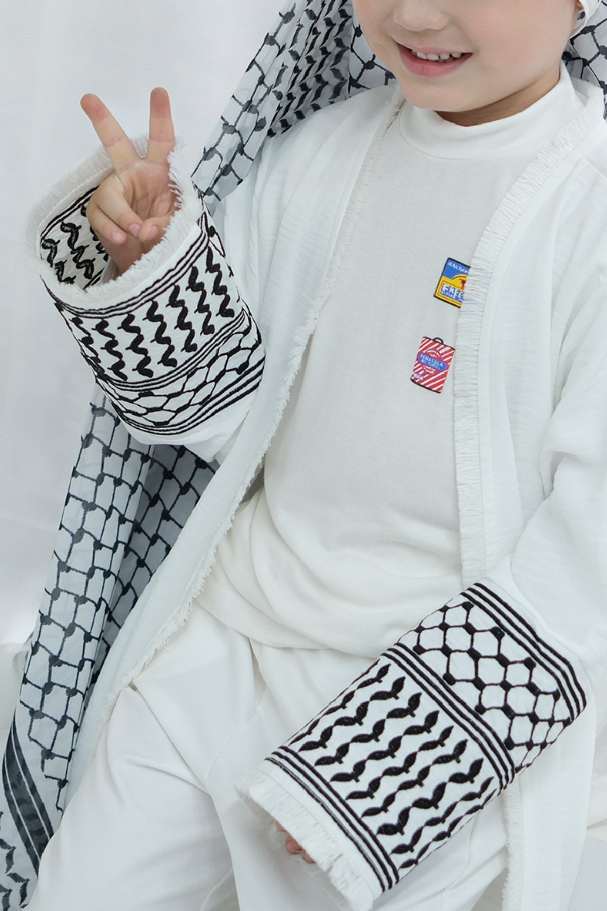 Karina Kids Keffiyeh Inspired Fringed Peace Dove Pattern Embroidery Girls Modest Open Abaya with belt 782 - White