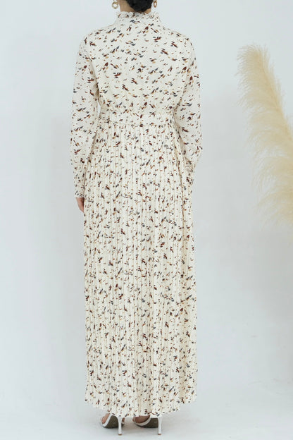 Anya Pleated Floral Maxi Dress Abaya 792-Beige