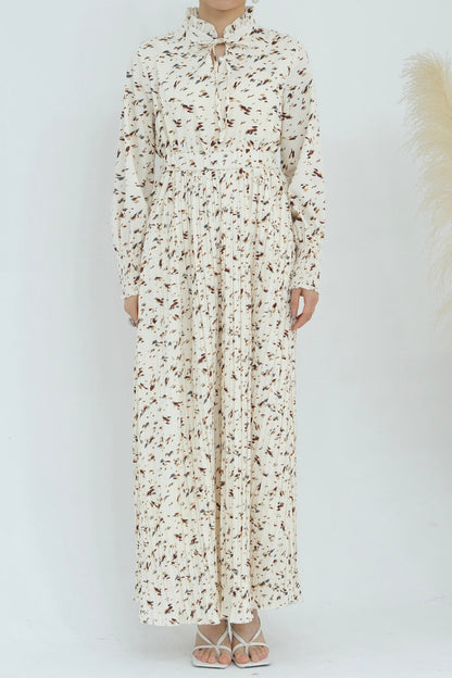 Anya Pleated Floral Maxi Dress Abaya 792-Beige