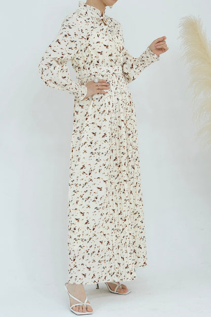 Anya Pleated Floral Maxi Dress Abaya 792-Beige
