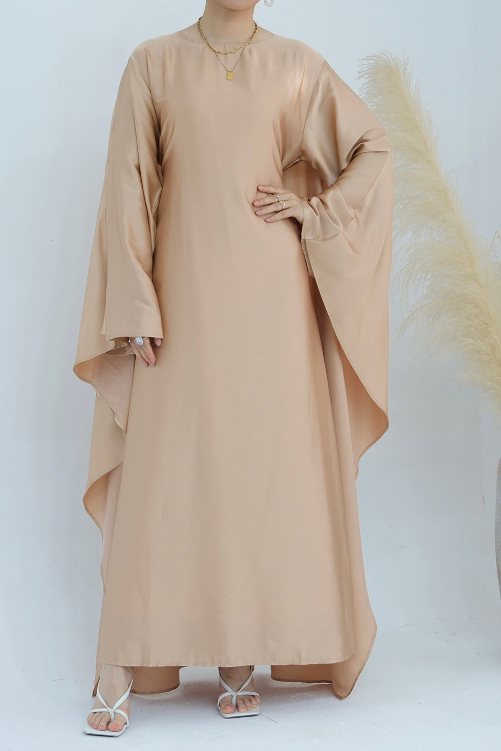 Ella Silky Satin Batwing Butterfly Sleeves Kaftan Maxi Dress Abaya  803 - Beige