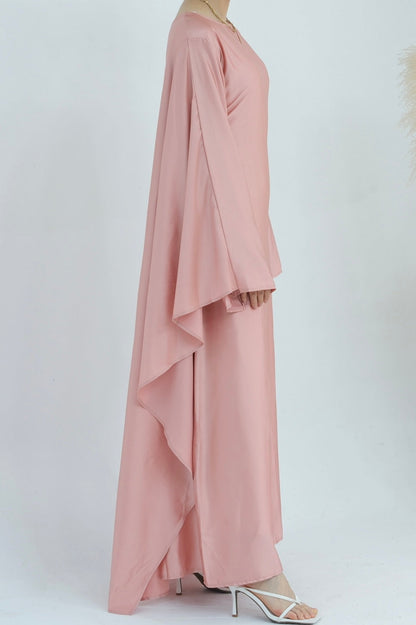 Ella Silky Satin Batwing Butterfly Sleeves Kaftan Maxi Dress Abaya 803- Pink