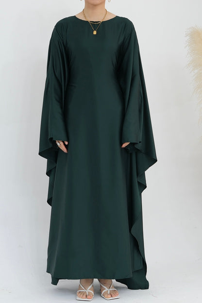 Ella Silky Satin Batwing Butterfly Sleeves Kaftan Maxi Dress Abaya 803- Dark Green