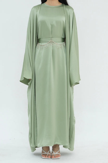 Jalilah 2PCS Modest Abaya Set with Crystal Chain 806 - Mint Green