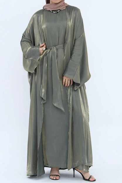 Sania Metallic Shimmer Modest Abaya Set 808 - Army Green
