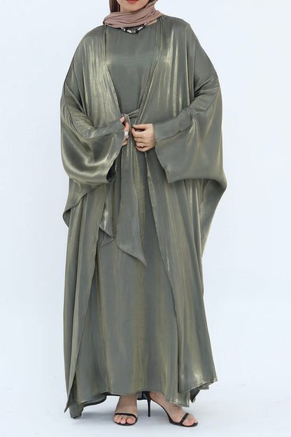 Sania Metallic Shimmer Modest Abaya Set 808 - Army Green