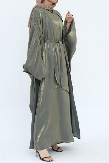 Sania Metallic Shimmer Modest Abaya Set 808 - Army Green