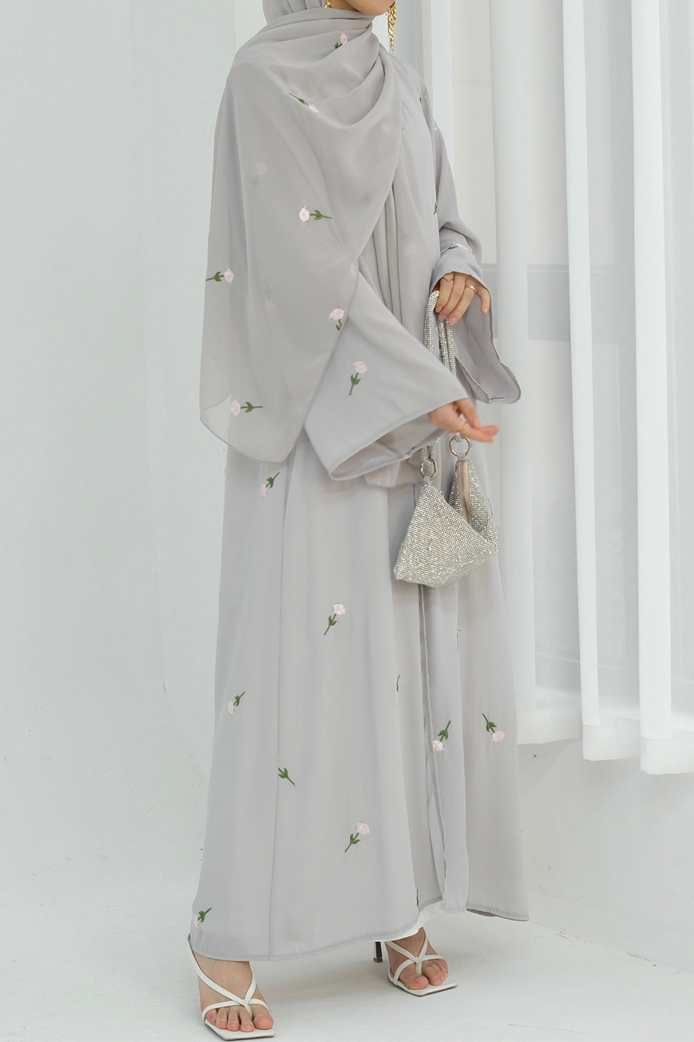 Serena Floral Embroidery Chiffon Open Abaya 818 - Gray