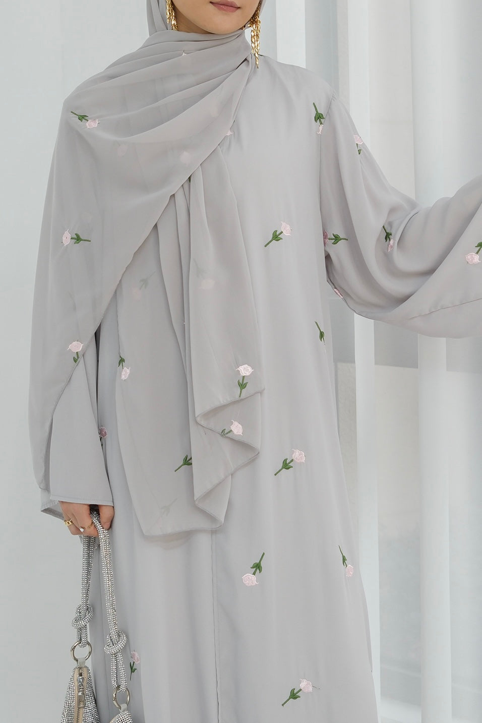 Serena Floral Embroidery Chiffon Open Abaya 818 - Gray