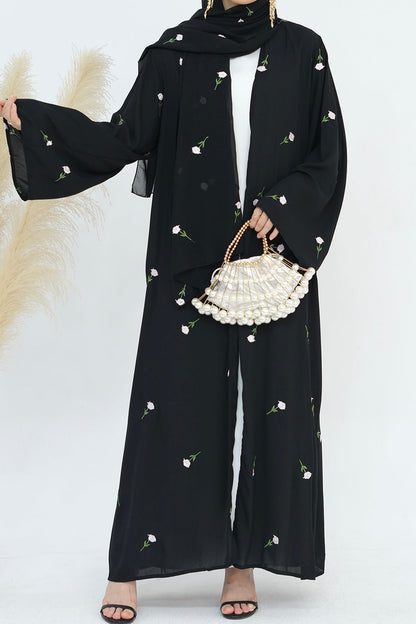 Serena Floral Embroidery Chiffon Open Abaya 818 - Black