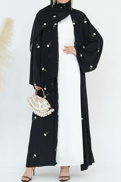 Serena Floral Embroidery Chiffon Open Abaya 818 - Black