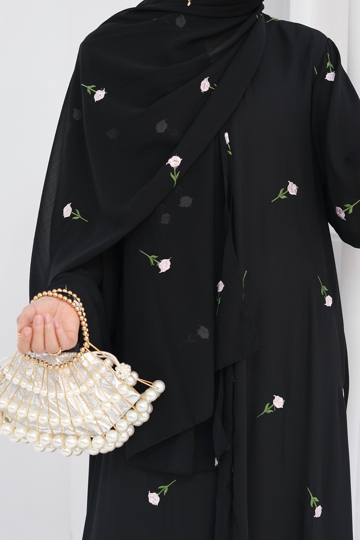 Serena Floral Embroidery Chiffon Open Abaya 818 - Black