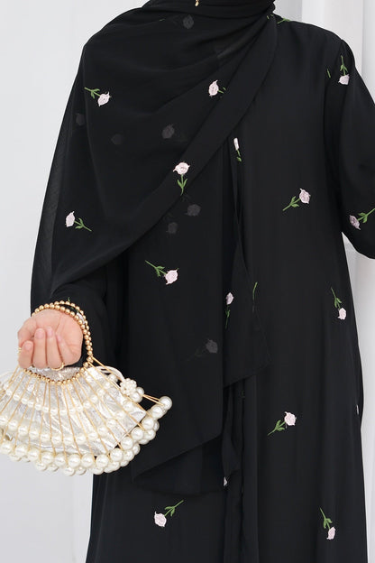 Serena Floral Embroidery Chiffon Open Abaya 818 - Black