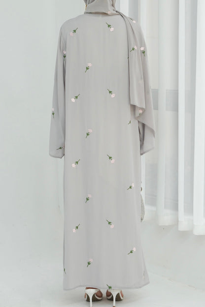 Serena Floral Embroidery Chiffon Open Abaya 818 - Gray
