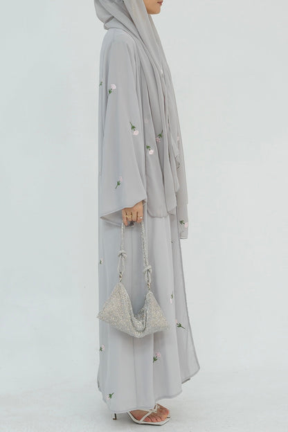 Serena Floral Embroidery Chiffon Open Abaya 818 - Gray