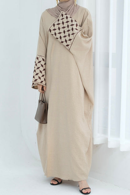 Alice Keffiyeh-Inspired Embroidery Open Abaya 837 - Beige