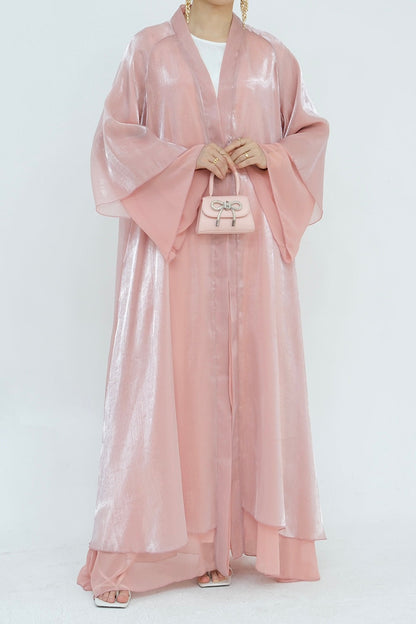 Camille Elegant Shimmering Overlay Open Abaya  839 - Pink