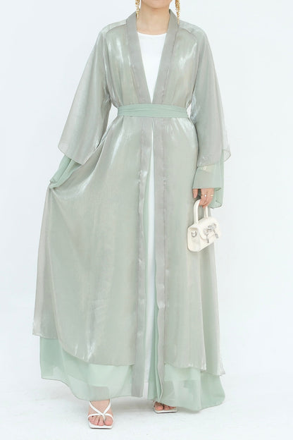 Camille Elegant Shimmering Overlay Open Abaya 839- Sage Green
