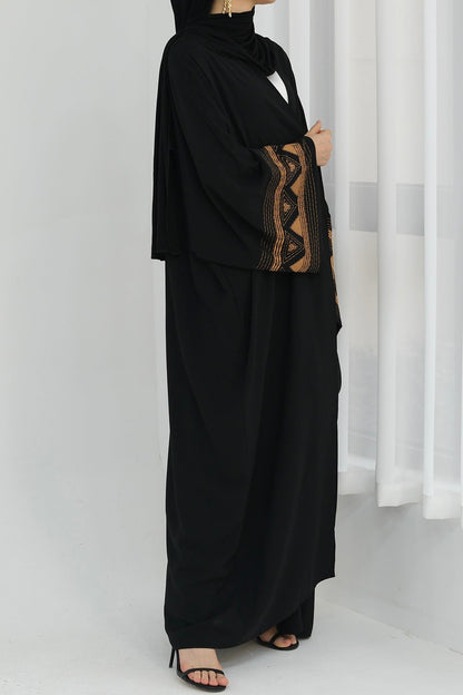 Mariam Intricate Geometric Embroidery Open Abaya 844 - Black