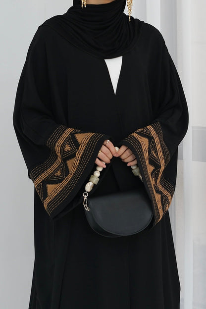 Mariam Intricate Geometric Embroidery Open Abaya 844 - Black