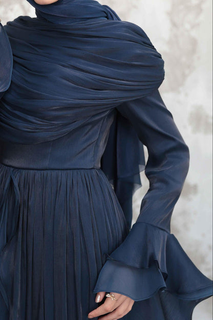 Rania Double-Layer Waist-Cinched Dress Without Hijab 1169-Dark Blue
