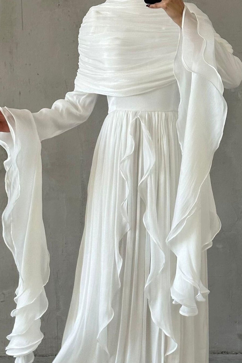 Rania Double-Layer Waist-Cinched Dress Without Hijab 1169-White