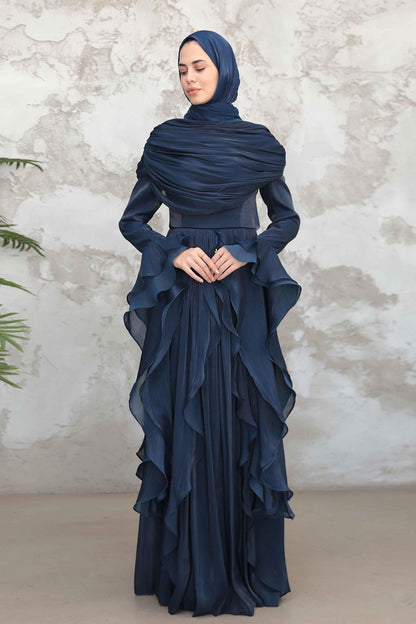 Rania Double-Layer Waist-Cinched Dress Without Hijab 1169-Dark Blue
