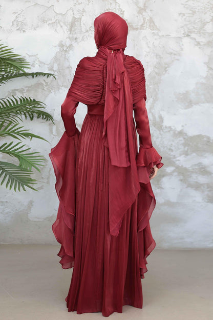 Rania Double-Layer Waist-Cinched Dress Without Hijab 1169-Dark Red