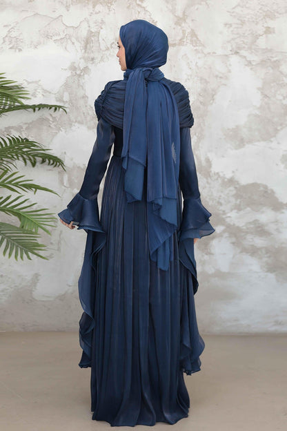 Rania Double-Layer Waist-Cinched Dress Without Hijab 1169-Dark Blue