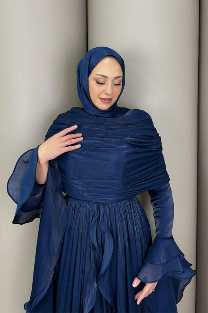Rania Double-Layer Waist-Cinched Dress Without Hijab 1169-Dark Blue