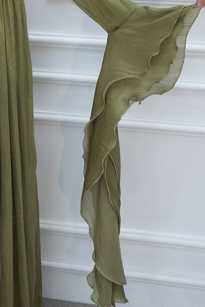 Rania Double-Layer Waist-Cinched Dress Without Hijab 1169-Army Green