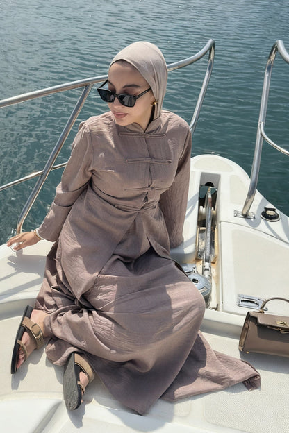 Sereen Inner Dress with Open Abaya 2-Piece Set 1124-Mocha