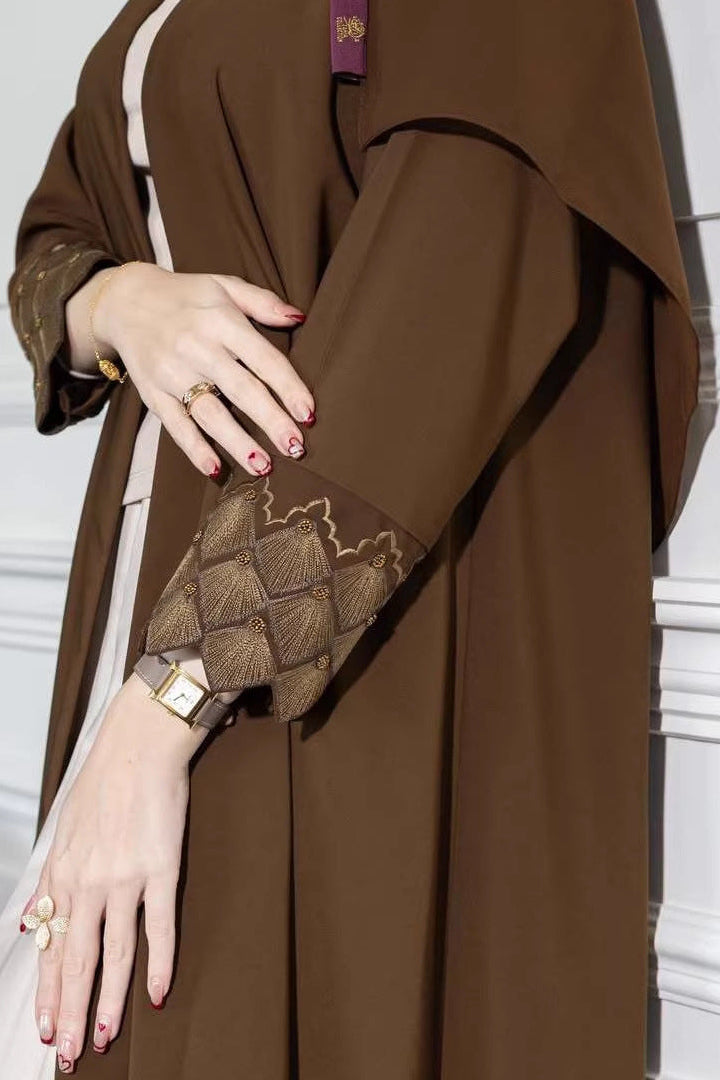 Noura Embroidered Cuffs Open Abaya with Hijab-Brown