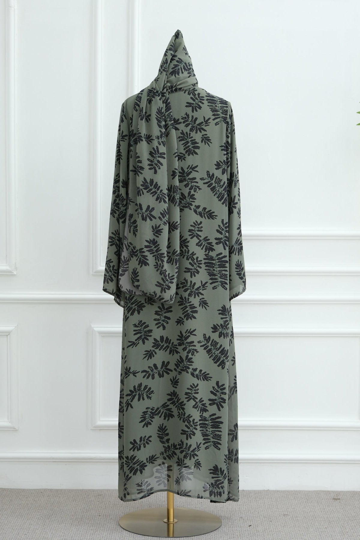 Salma Printed Double-Layer Chiffon Open Abaya with Hijab 1067-Light Green