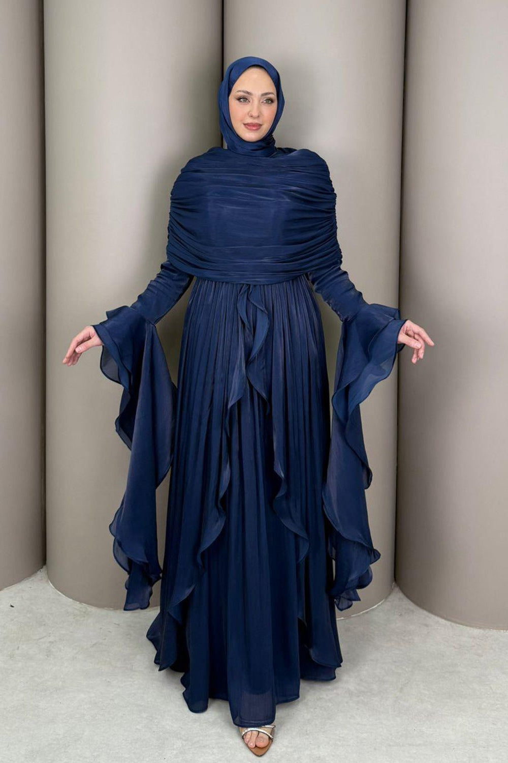 Rania Double-Layer Waist-Cinched Dress Without Hijab 1169-Dark Blue