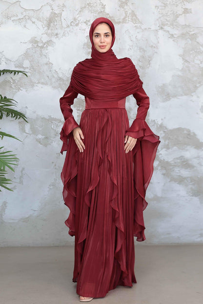Rania Double-Layer Waist-Cinched Dress Without Hijab 1169-Dark Red