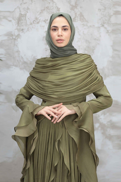 Rania Double-Layer Waist-Cinched Dress Without Hijab 1169-Army Green