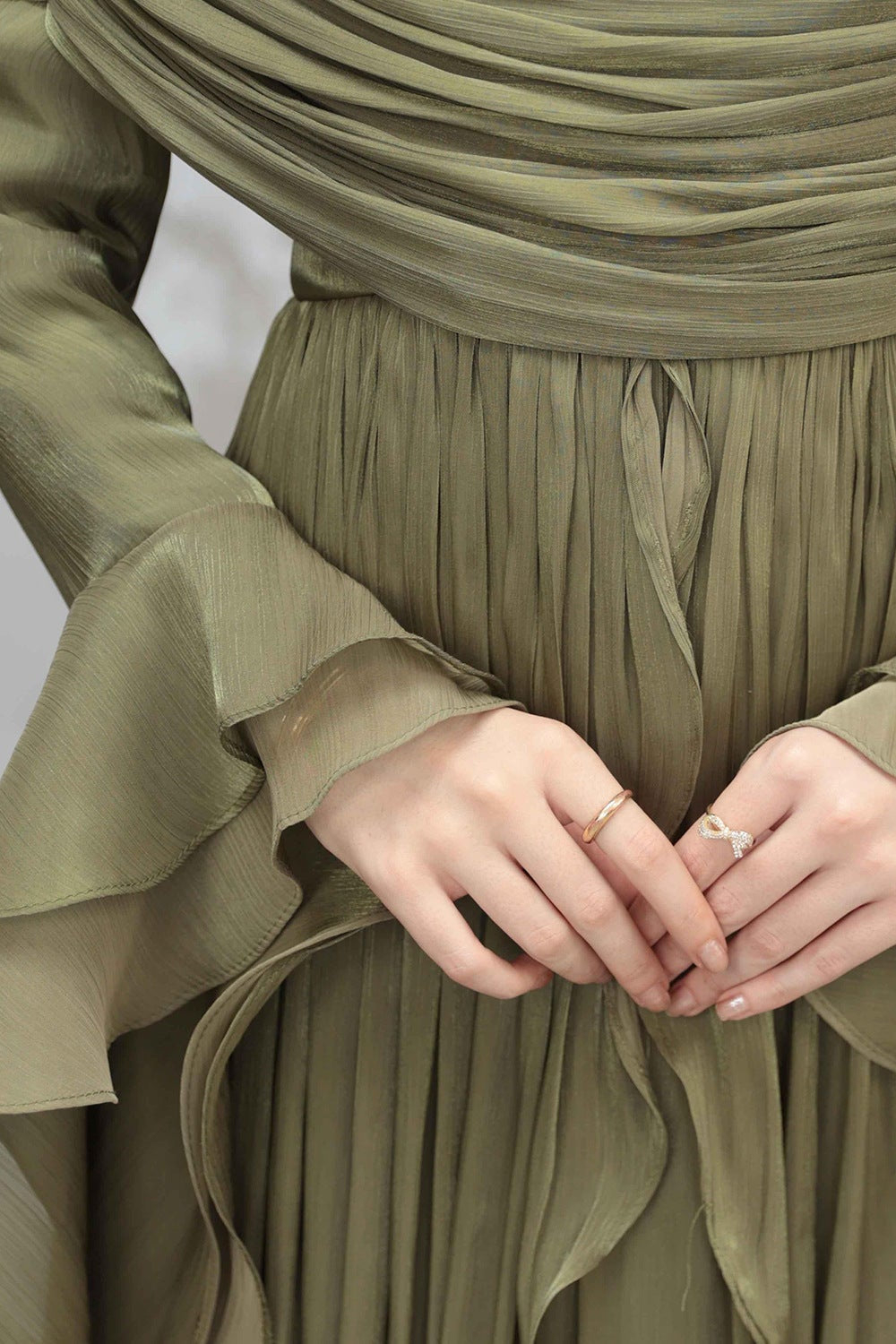 Rania Double-Layer Waist-Cinched Dress Without Hijab 1169-Army Green
