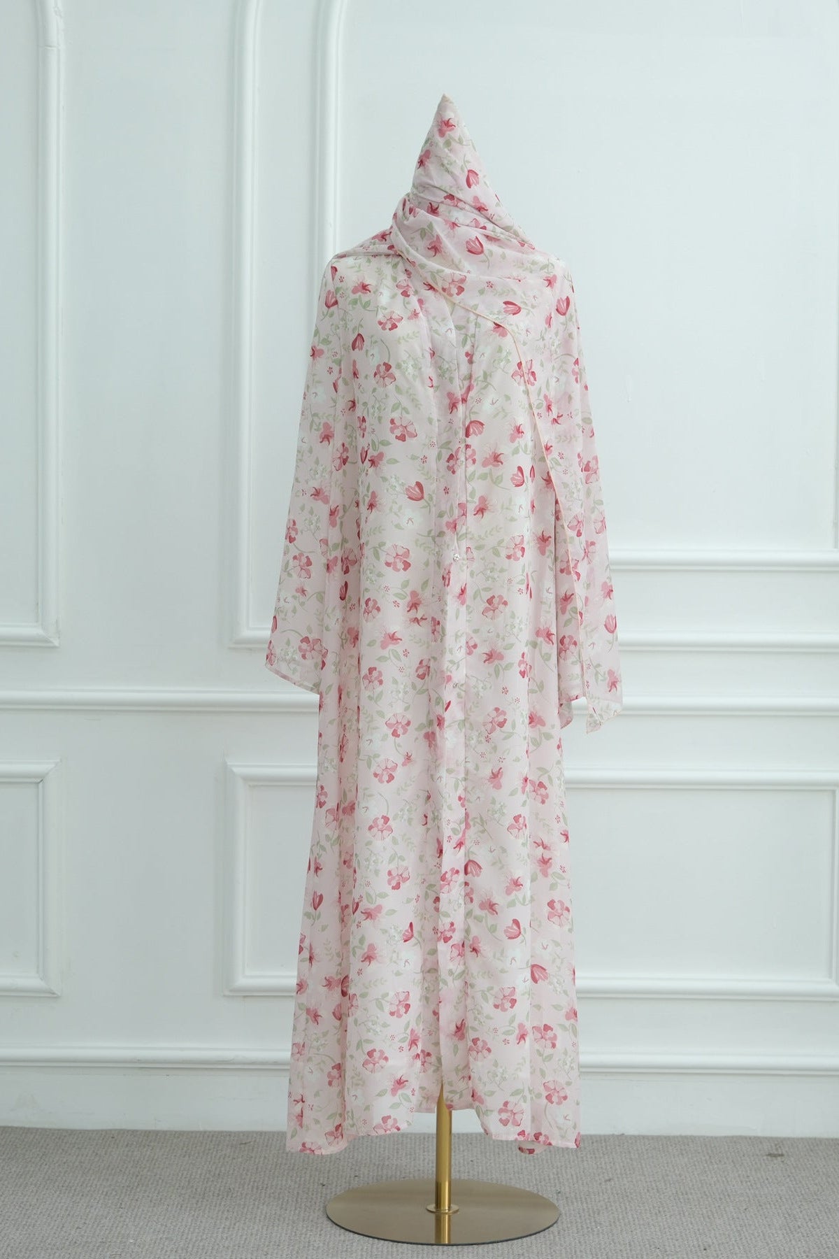 Salma Printed Double-Layer Chiffon Open Abaya with Hijab 1067-Pink